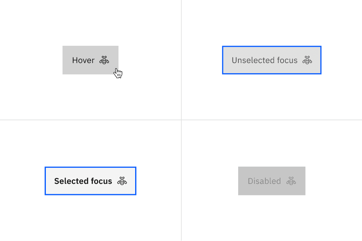 Examples of hover, unselected focus, selected focus, and disabled states for contained tabs.