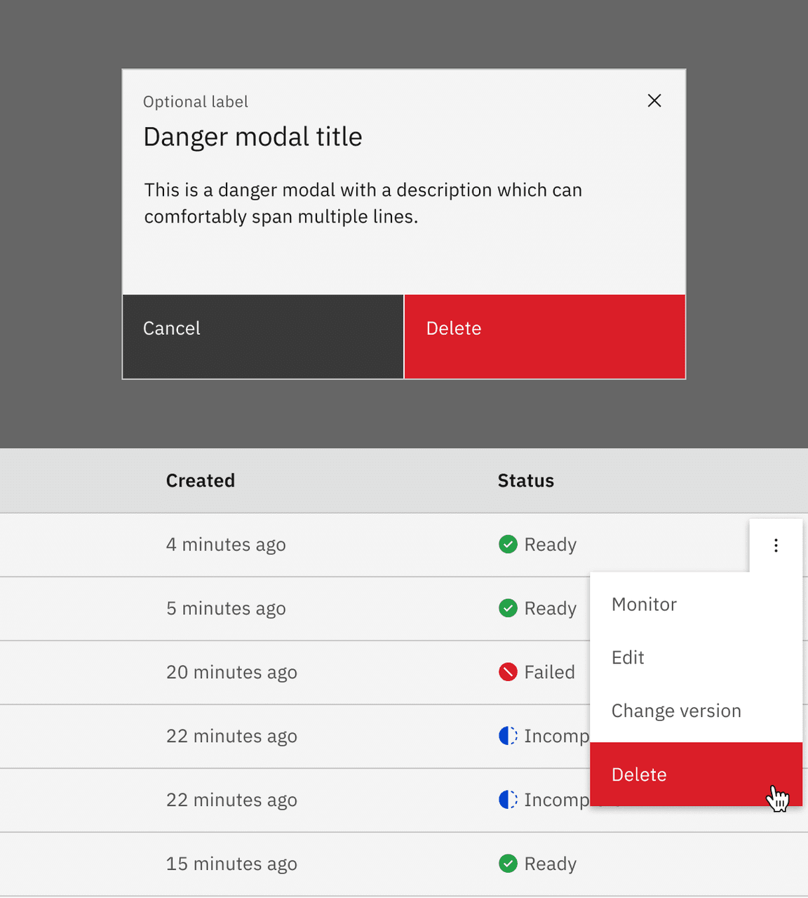 Example of delete in a modal and overflow menu