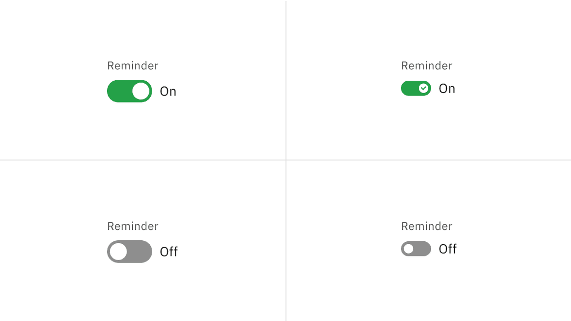 On and off states of default and small toggle with the feature flag enabled
