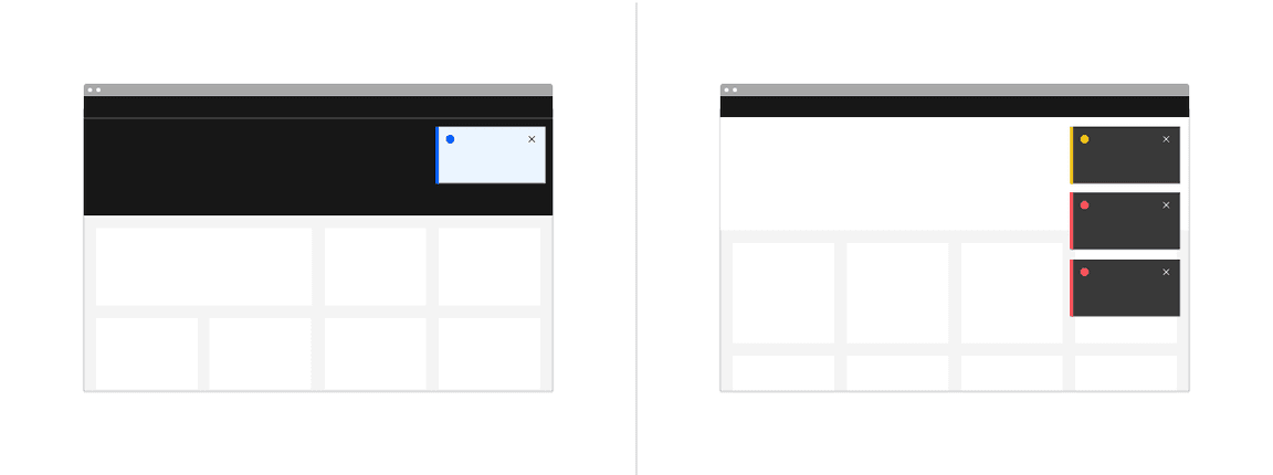 Examples of toast notification placements across different UI layouts