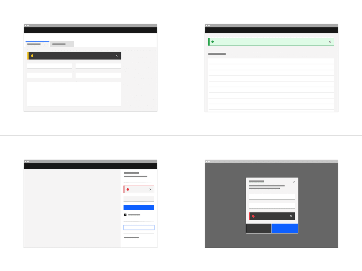 Examples of inline notification placements across different UI layouts