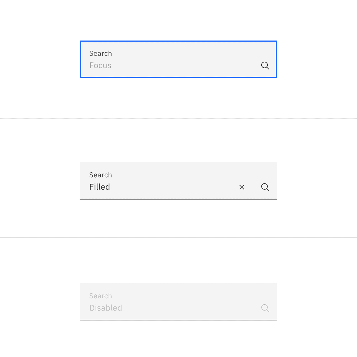 Examples of focus, filled, and disabled search states